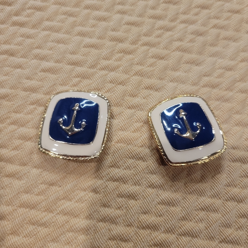 Vintage Nautical Sailor Anchor Clip On Earrings